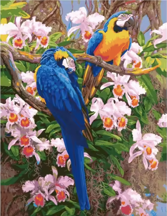 Perroquets sur un arbre à fleurs